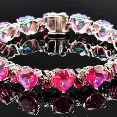 Pink Topaz & Diamond Accent Sterling Silver Heart Tennis Bracelet 