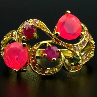 Pink Opal & Ruby Gold Vermeil Sterling Silver Ring 