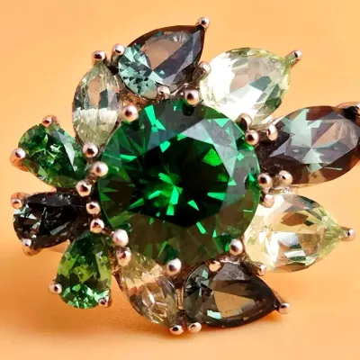 Green Spinel Halo Cluster Sterling Silver Ring