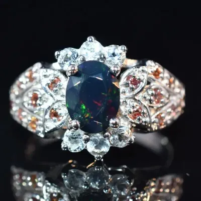 Black Opal, Aquamarine & Sapphire Sterling Silver Ring