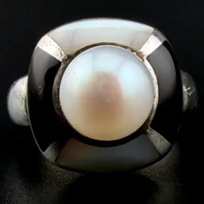 Pearl & Black Accent Sterling Silver Ring 