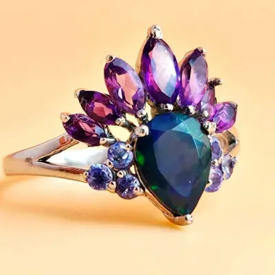 Black Opal, Amethyst, & Tanzanite Sterling Silver Ring 