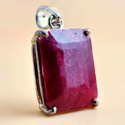 Natural Ruby Emerald Cut Sterling Silver Pendant 