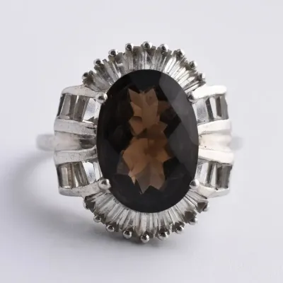 Smokey Quartz & White Topaz Sterling Silver Halo Ring