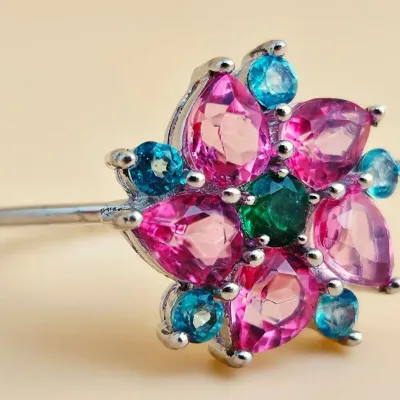 Pink Topaz, Paraiba Color Topaz & Green Topaz Sterling Silver Cluster Ring