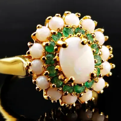 Opal & Emerald Gold Vermeil Sterling Silver Halo Ring 