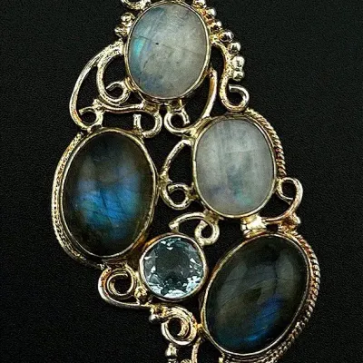 Moonstone, Labradorite, Topaz Cabochon Sterling Silver Pendant 