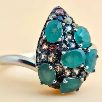 Emerald & Sapphire Sterling Silver Cluster Ring