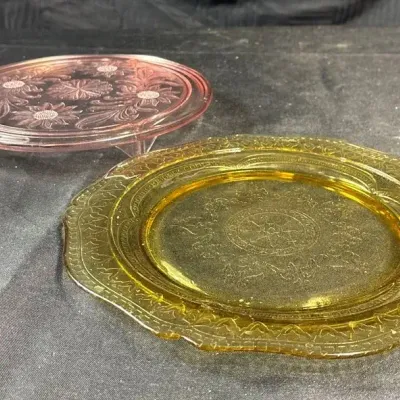 Vintage Depression Glass Cake Plates Pink Floral & Amber Yellow Pressed Glass Lot 2