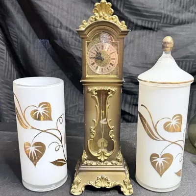 Vintage Ornate Gold Tone Mantel Clock White Gold Floral Vase Lidded Jar Lot