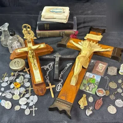Vintage Catholic Religious Lot Large Crucifixes Medals Rosaries Holy Cards Books