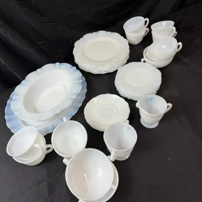 Vintage White Milk Glass Dinnerware Lot Cups Saucers Plates Bowls Serving Pieces