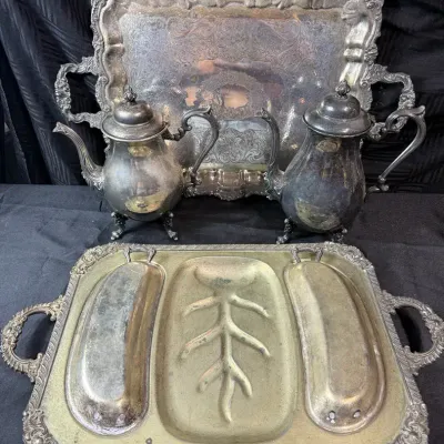 Vintage Silverplate Serving Lot Trays Teapots Covered Dish Ornate Handles