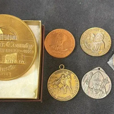 Vintage Commemorative Medallion Token Lot St Clair County Pope Religious 6 Pc
