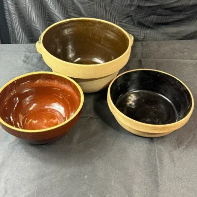 Vintage Stoneware Mixing Bowl Lot of 3 Brown Black Glaze Pottery Bowls