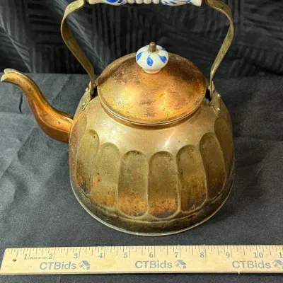 Vintage Brass Tone Tea Kettle with Blue & White Porcelain Handle & Knob