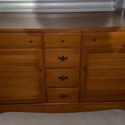 Vintage Wood Buffet Sideboard Credenza 6 Drawer Louvered Cabinet Doors