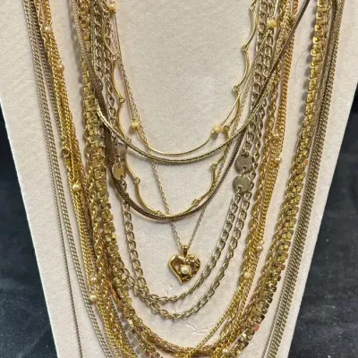 Mixed Gold Tone Costume Jewelry Lot Necklaces Bracelets Frog Pins Rhinestone