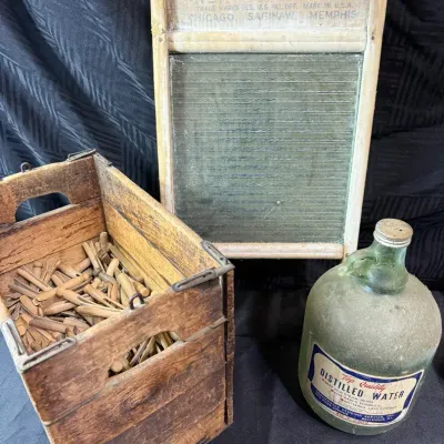 Antique Primitive Laundry Lot National Washboard No. 862 Wood Clothespins & Glass Jug