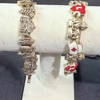 Set of 2 Nurse Charm Bracelets RN Medical Red Cross Silver Tone