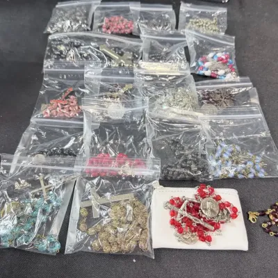 Large Lot Vintage Rosary Beads Parts Catholic Religious Crosses Medals Craft