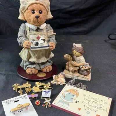 Vintage Nurse Teddy Bear Figurine Pin Brooch Lot Nursing Medical Collectibles
