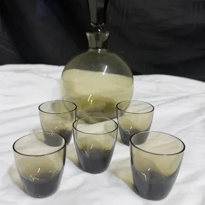 Vintage Smoky Glass Decanter Set With Stopper & 5 Tumblers Mid Century Barware