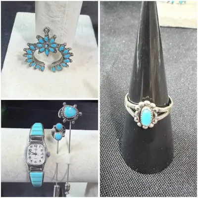 Vintage Southwestern Turquoise Style Jewelry Lot Sterling Watch Ring Pendant Earrings (weight TBD)