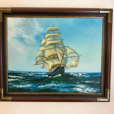Vintage Nautical Clipper Ship Oil Painting Framed 24x20 Brass Corner Accents Seascape