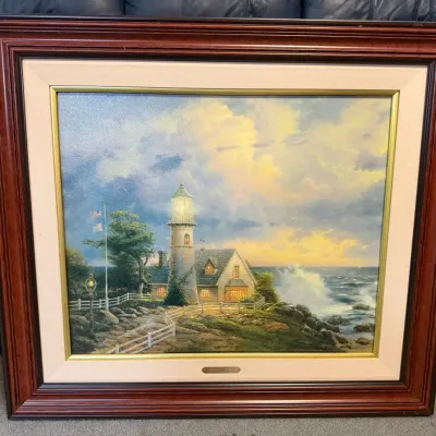 Thomas Kinkade A Light In The Storm Framed Canvas Lithograph 32x28 Lighthouse