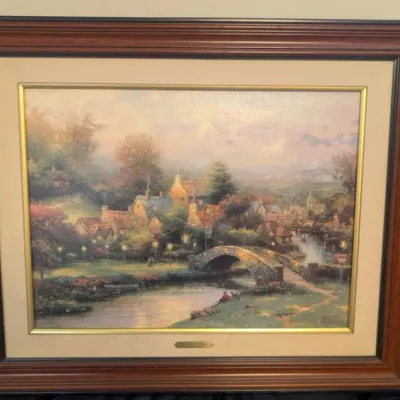 Framed Hand-Highlighted Canvas Print, "Lamplight Village", By Artist Thomas Kinkade