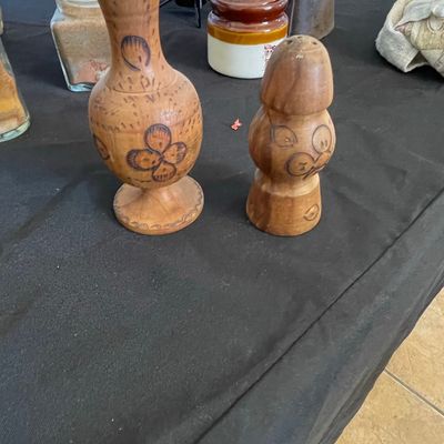 Sale Photo Thumbnail #385: Vintage Hand-Carved Wooden Bud Vase and Salt Shaker Set with Pyrography