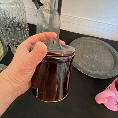 Sale Photo Thumbnail #491: Vintage Brown Glazed Stoneware Cheese Crock with Lid