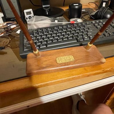 Sale Photo Thumbnail #359: Vintage Walnut Double Pen Desk Set with 'R.S.P.' Initials