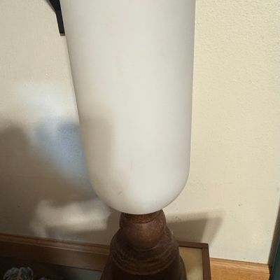 Sale Photo Thumbnail #148: Vintage Milk Glass Hurricane Lamp with Turned Wood Base
