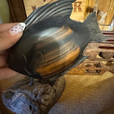 Sale Photo Thumbnail #188: Vintage Hand Carved Rosewood Tropical Fish Sculpture on Driftwood Base