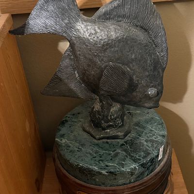 Ron Alan Shimmer Fish Sculpture on Marble and Wood Base