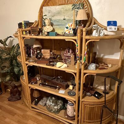 Vintage Arched Bamboo and Rattan Etagere with Cabinet