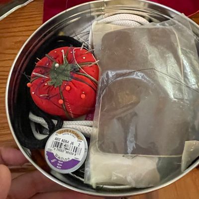 Vintage Sewing Notions Tin with Tomato Pincushion and Coats & Clark Thread