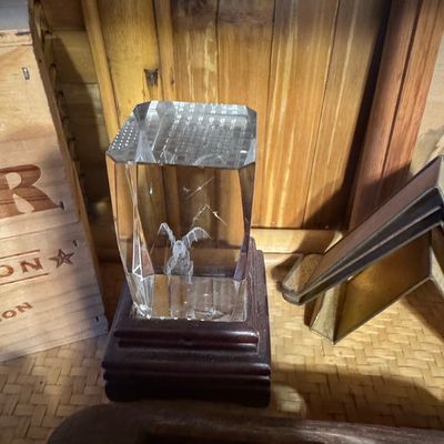 Sale Photo Thumbnail #390: 3D Laser-Etched Crystal Block with Wood Base - Eagle