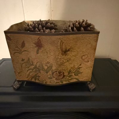 Sale Photo Thumbnail #392: Vintage Hand-Painted Toleware Planter/Container with Floral and Butterfly Motifs
