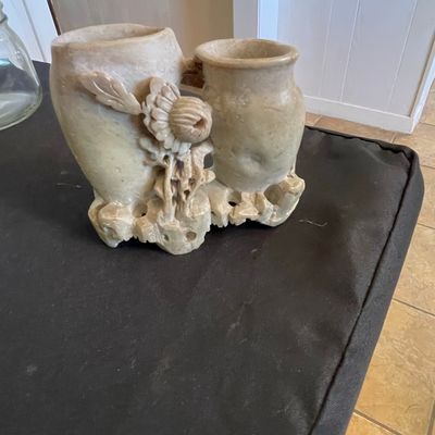 Sale Photo Thumbnail #231: Carved Soapstone Double Vase/Inkwell with Floral Motif