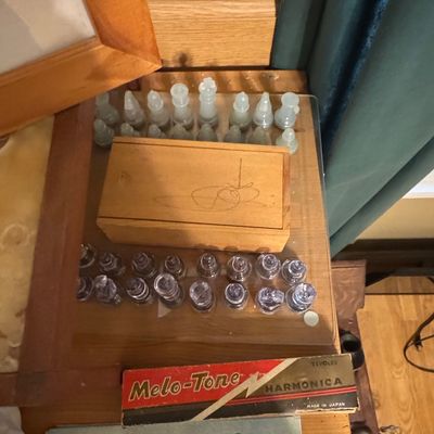 Sale Photo Thumbnail #244: Vintage Glass Chess Set with Wooden Storage Box