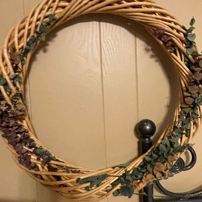 Sale Photo Thumbnail #399: Woven Willow Wreath with Dried Eucalyptus and Hydrangea