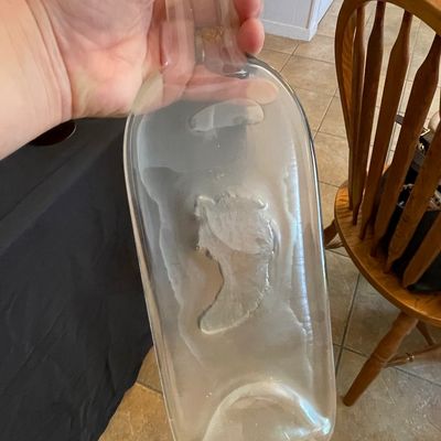 Sale Photo Thumbnail #424: Vintage Flattened Wine Bottle Serving Tray with Embossed Motif