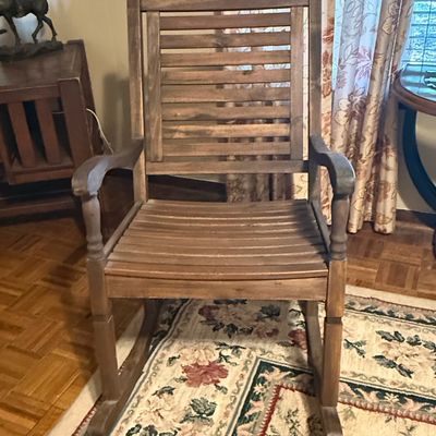 Sale Photo Thumbnail #136: Traditional Slat-Back Wooden Rocking Chair with Turned Arm Supports