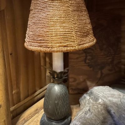 Sale Photo Thumbnail #120: Vintage Dark Bronze Metal Pineapple Accent Lamp with Textured Shade