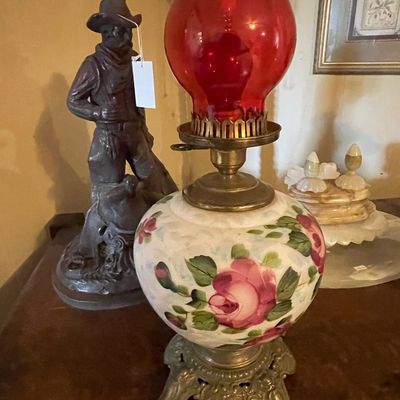 Vintage Hand-Painted Floral "Gone With The Wind" Style Oil Lamp with Ruby Red Chimney