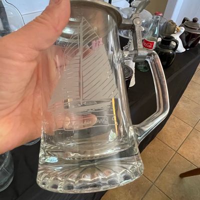 Sale Photo Thumbnail #324: Old Spice "Columbia 1901" Alwe Glass Beer Stein with Pewter Lid