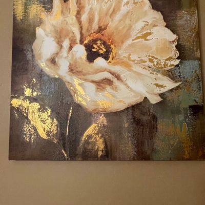 Sale Photo Thumbnail #205: Textured White Floral Canvas Art with Gold Leaf Accents